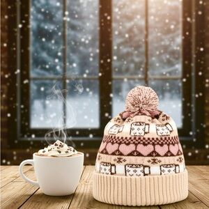 Coffee Heart Patterned Pom-Pom Beanie